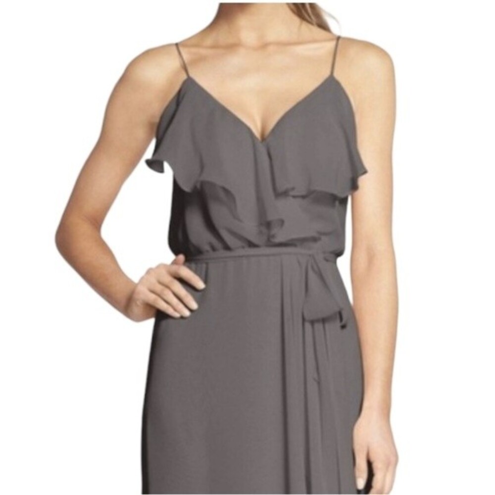 Nouvelle Amsale Drew Gray Chiffon Ruffle Wrap Spaghetti Strap Slip Dress Size XL - Picture 10 of 14